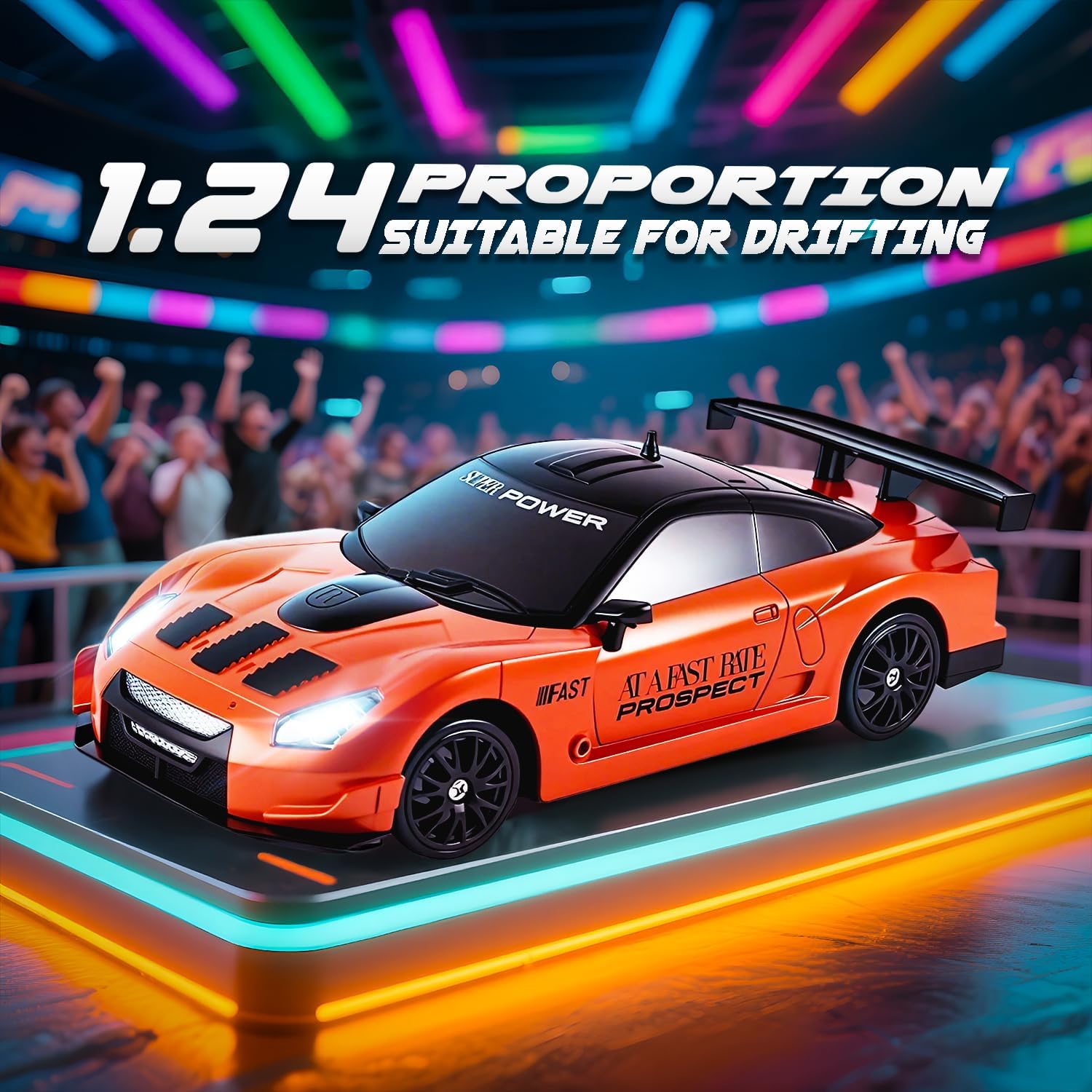 SANCO 1:24 RC Racing & Drift Car with LED Lights, 2.4GHz Remote Control Vehicle, Includes 2 Batteries & 2 Sets of Tires, Hobby Toy for Adults, Boys & Kids(Orange)