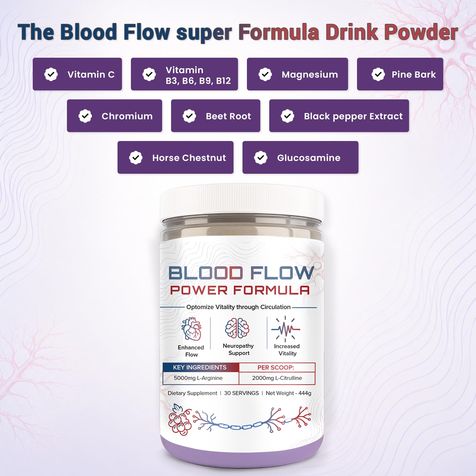 The Blood Flow Power Formula Neuropathy Drink Powder, High Concentration of L ‘Arginine and Citrulline, to Boost Circulation and Support Neurological Health – 444 Grams/30 servings — Amazon image 6
