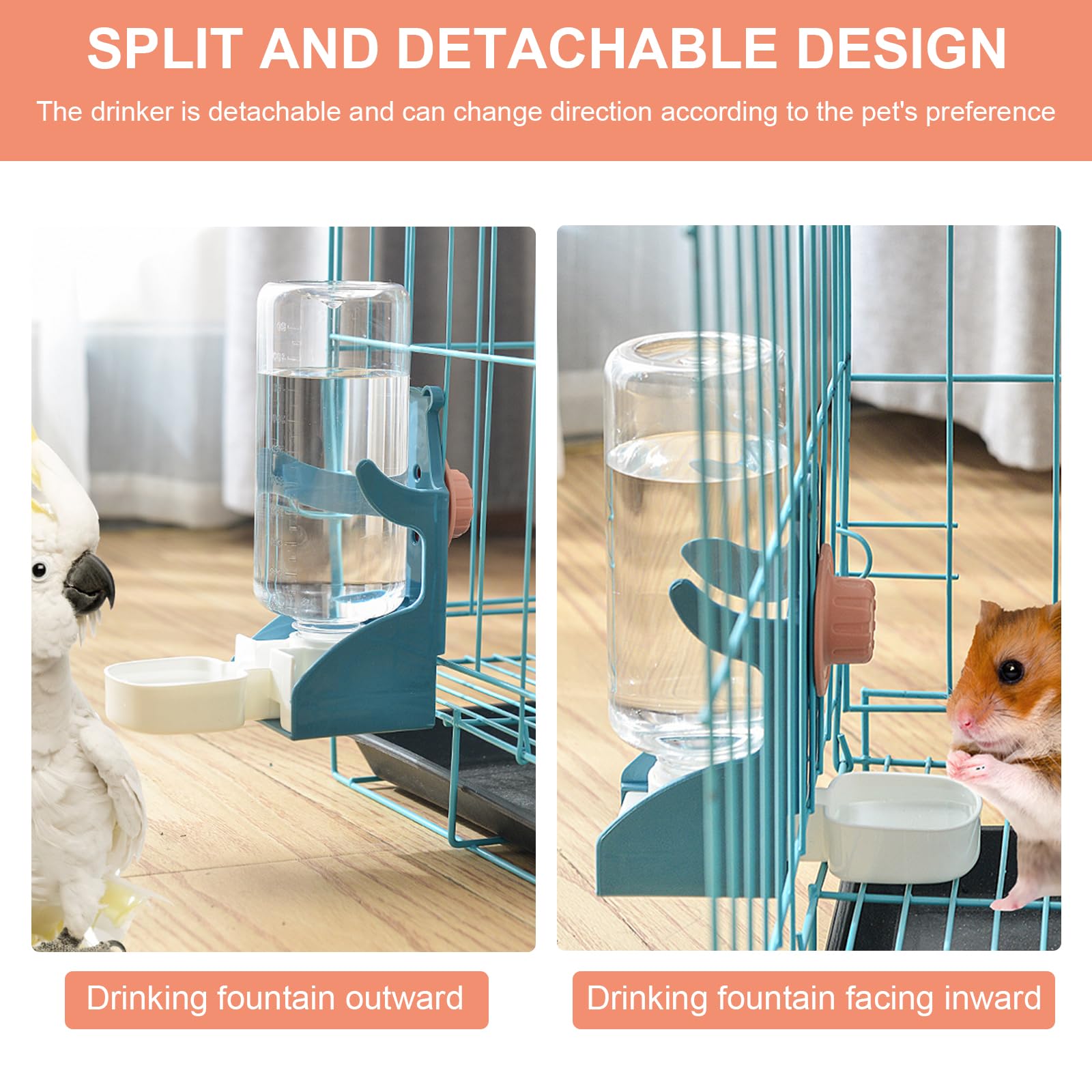 2 pièces de distributeur d'eau automatique pour lapins, 500 ml, bouteille de boisson suspendue pour lapins, cochons d'Inde, chinchillas, hérissons, furets, hamsters (Bleu, Orange)