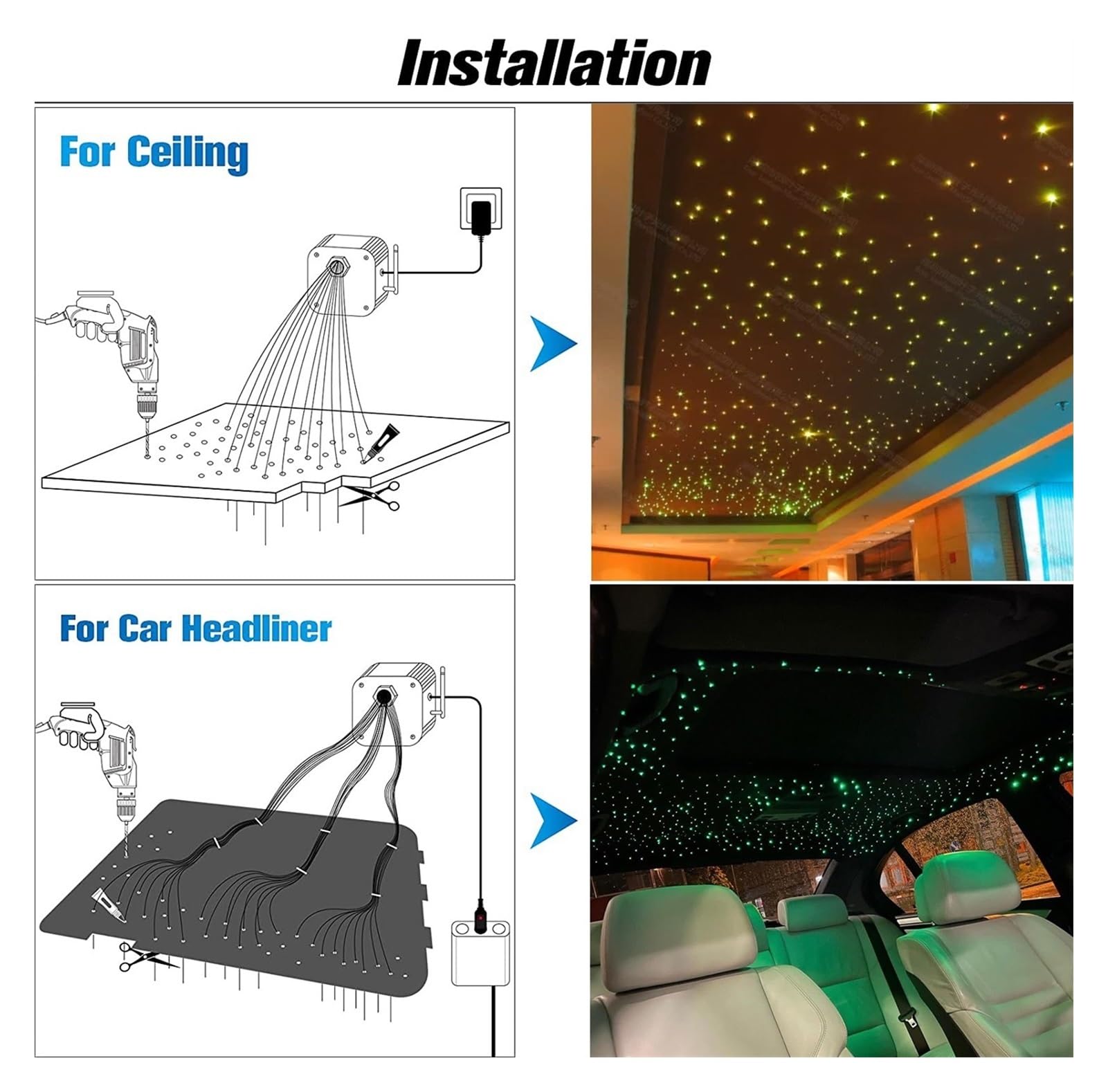 Motor de luz de Fibra óptica LED Kits de iluminación Techo Estrellado Fibra óptica 16W Bluetooth App Control música Inteligente for la luz del Sala niño Coche(Mixed 430strands 4M)