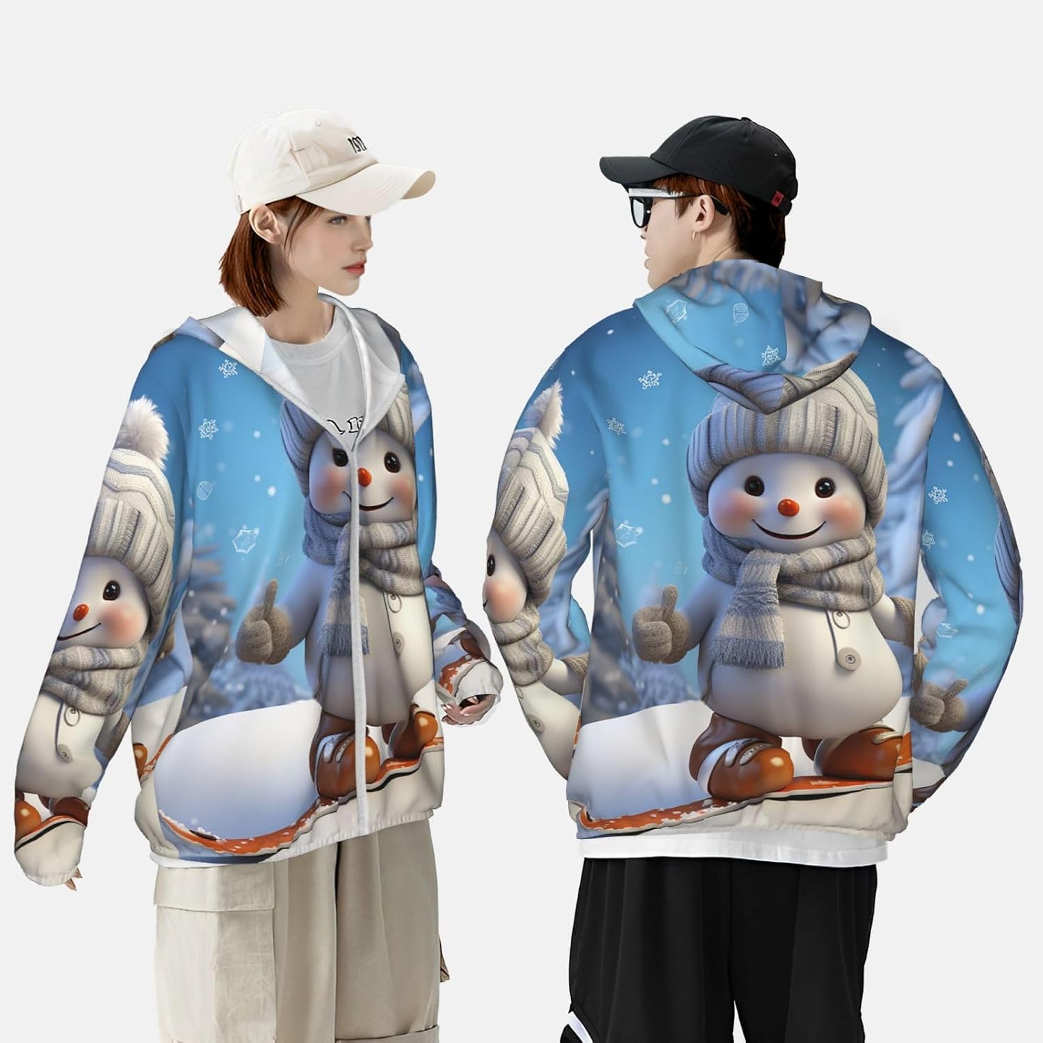 Men's UPF 50+ Light Jacket Full Zip Cute Snowboard Snowman Women's Sun Protection Hoodie Long Sleeve Sun Shirts Black