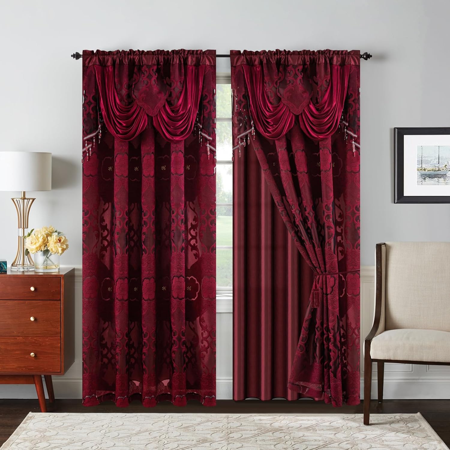 Petrichor Burgundy Sheer Jacquard Voile Curtains （54" W x 84" L）, 2 Panels with Attached Valance, Double Layer Floral Cutwork Design with Luxurious Texture, Rod Pocket, for Bedroom & Living Room