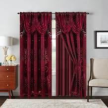 Petrichor Burgundy Sheer Jacquard Voile Curtains 54" W x 84" L, 2 Panels with Attached Valance, Double Layer Floral Cutwork Design with Luxurious Texture, Rod Pocket, for Bedroom & Living Room