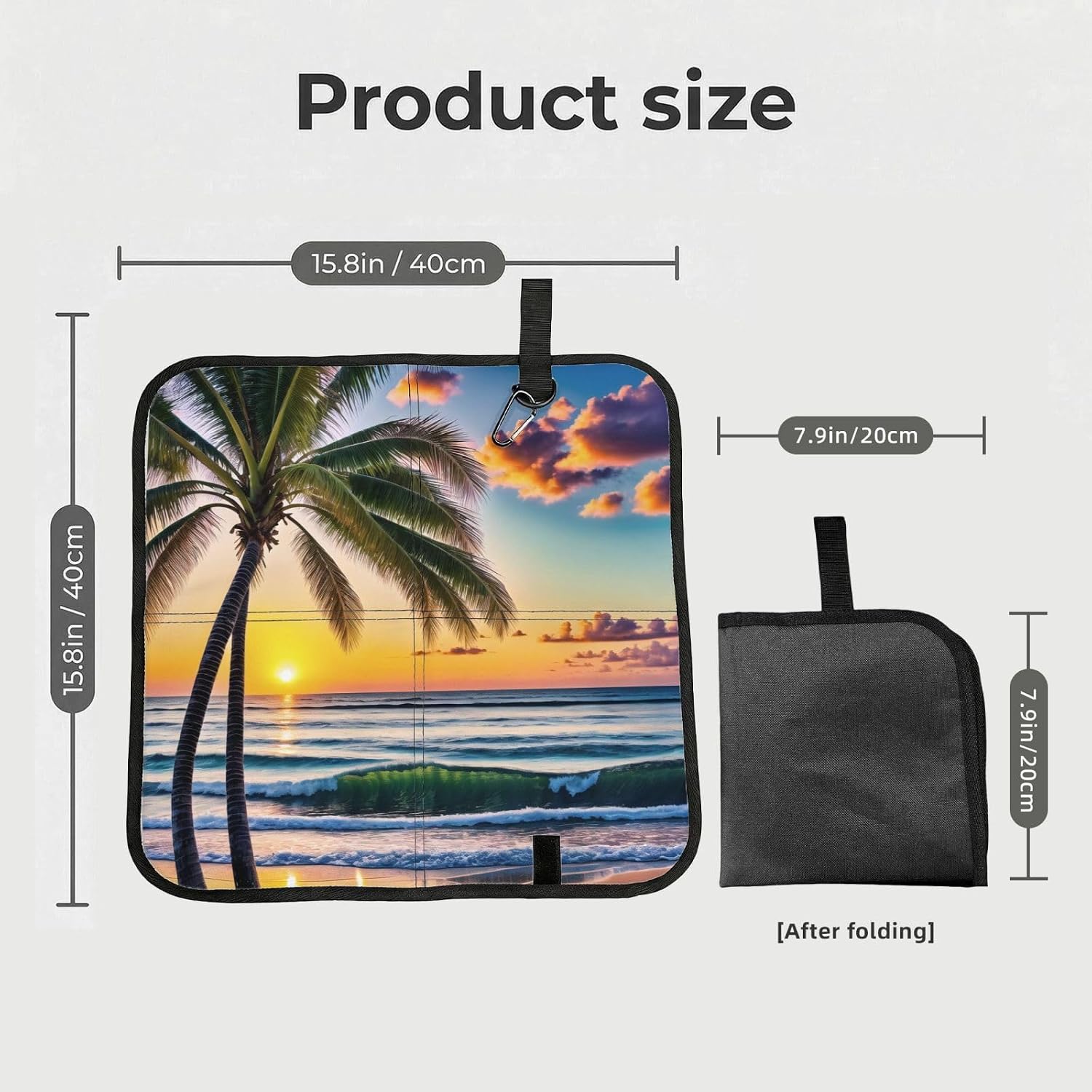 (Beach Palm Trees Sunset) Sitting Pad Foldable Seat Cushion Lightweight Camping Seat Mat with Hook for Outdoor Hiking Picnic Camping