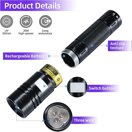 Miniatura 8 de DARKBEAM Linterna UV de 365 nm LED de luz negra, linternas ultravioleta, potente lámpara recargable USB -C Woods, resistente al agua enfocable,