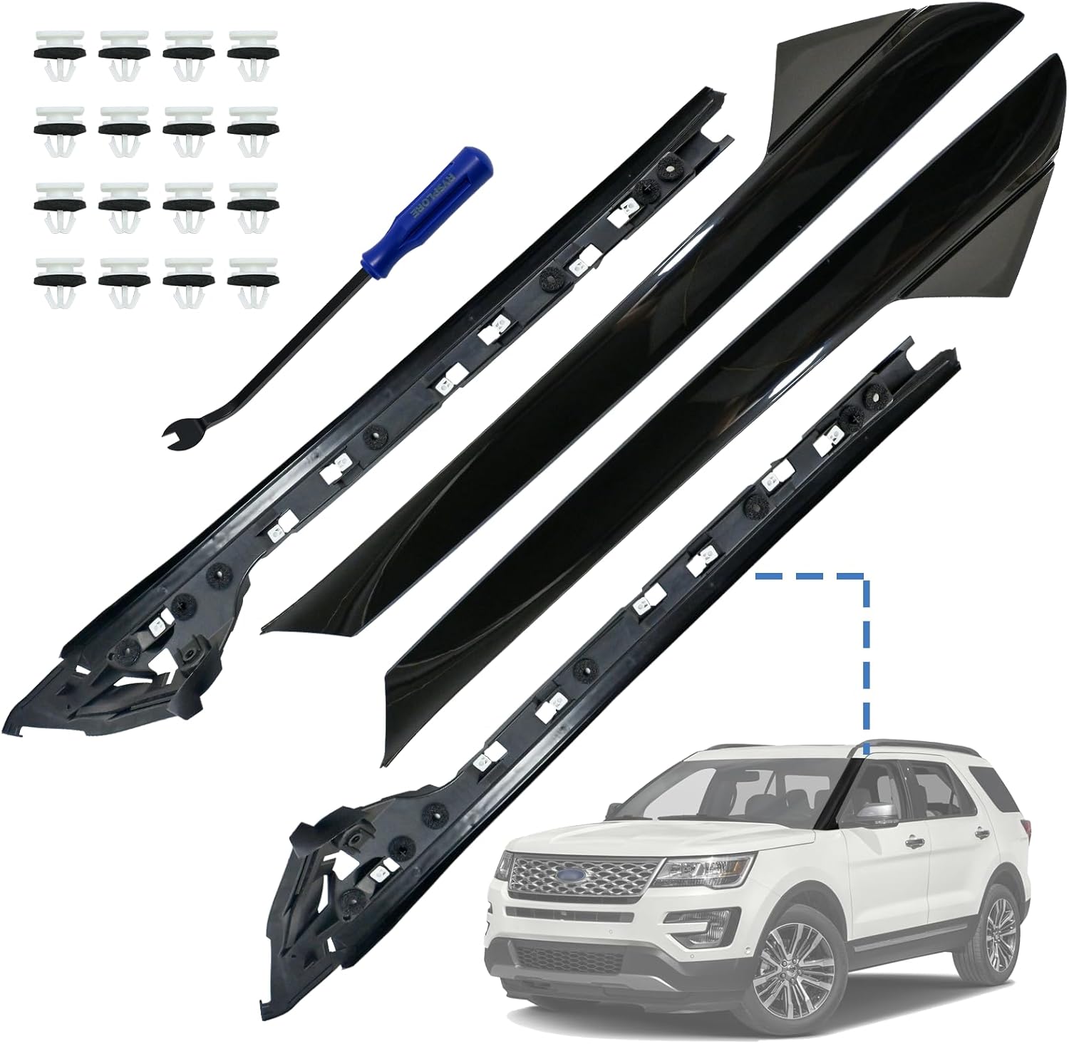 4 Pack Windshield Trim for 2011-2019 Ford Explorer A-Pillar Molding with Retaining Clips 16pcs OE#926-450, 926-451,BB5Z7803145AA,BB5Z7803136AA, BB5Z7803144AA, BB5Z7803137AA