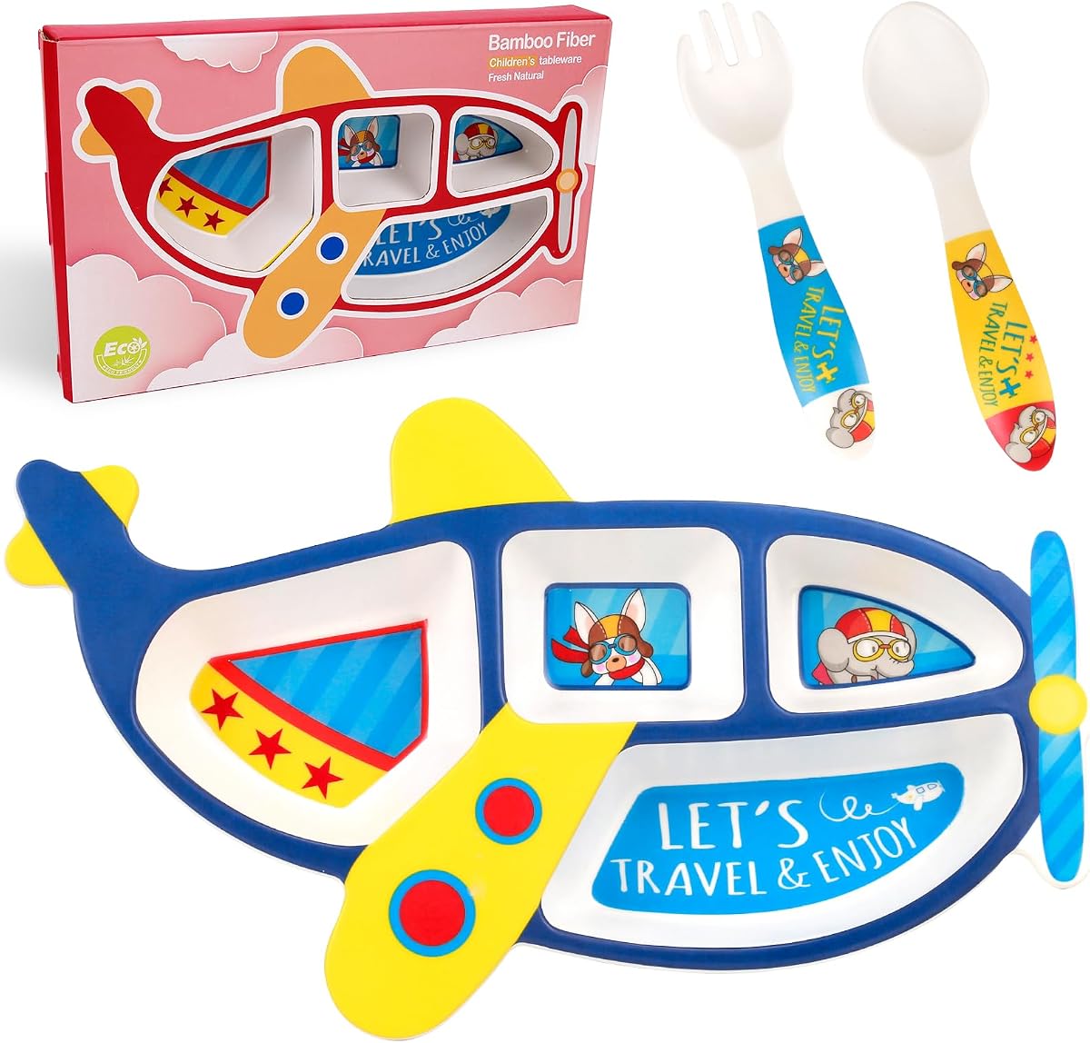 Plato para niños de avión – Platos y utensilios divertidos, vajilla con forma de avión, sin BPA, juego de vajilla para niños Picky Eaters, regalos para niños pequeños (juego de 3 piezas)