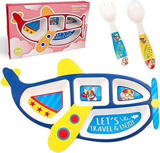 Airplane kids Plate - Fun Dish Plates and Utensils, Plane Shape Tableware, BPA-Free, Picky Eaters Kids Dinnerware Set, Gifts for Little Boy (3-Piece Set)
