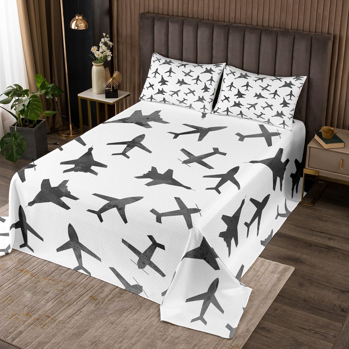 Erosebridal Kids Airplane Queen Bedspread Set, White Gary Airplane Cozy Quilt Set for Kids Boys Girls, Army Transport Microfiber Coverlet Set & Bedspread for Bedroom, Cute Cool Aircraft Bedding Set