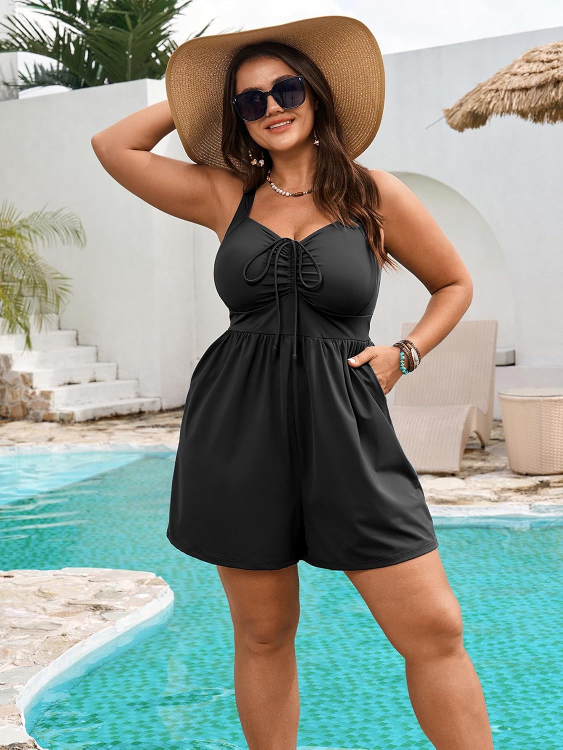 SCOMCHIC Plus Size Swim Romper One Piece Swimsuit Women Bathing Suit with Pockets Modest Swimwear with Shorts - Image 7