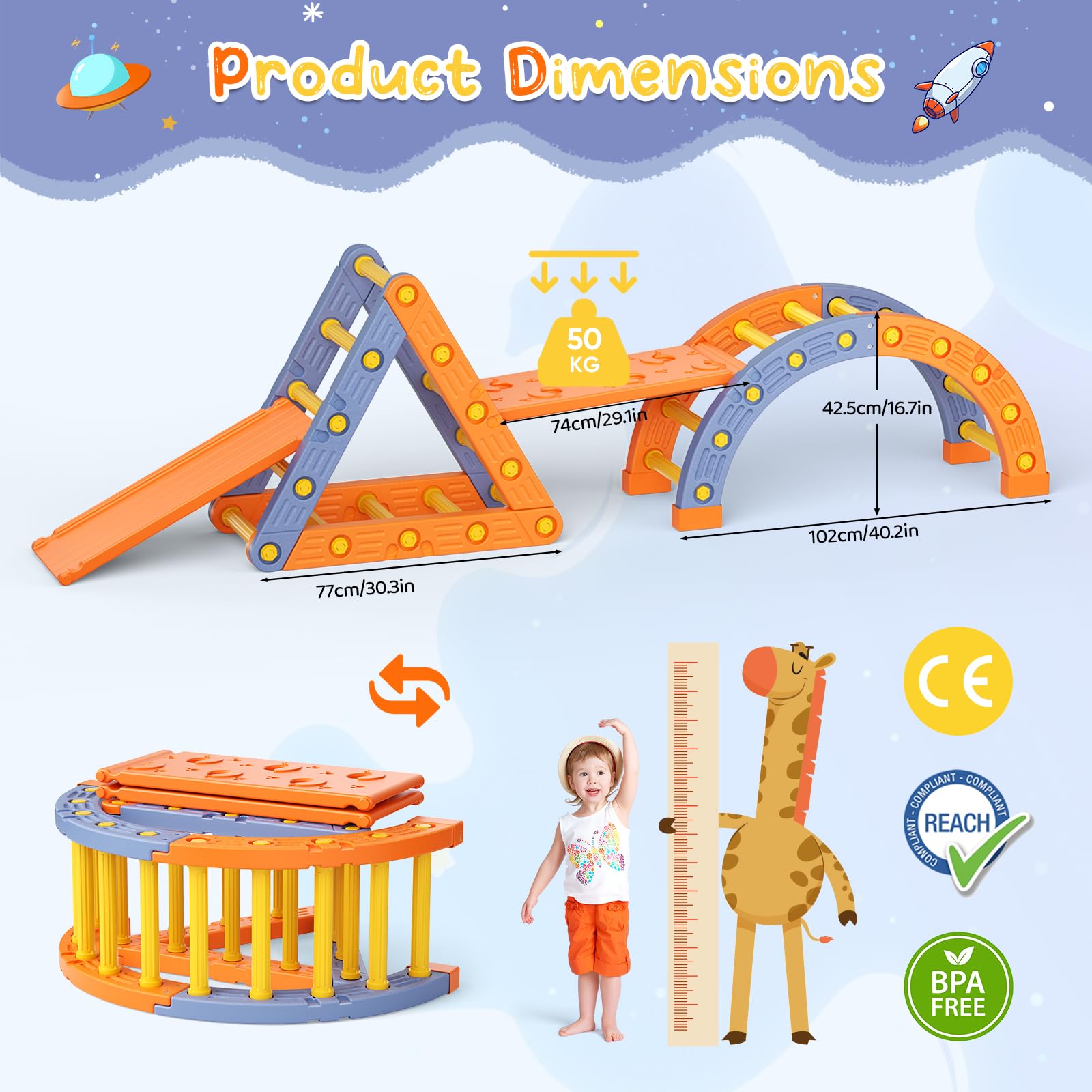 Montessori Kit Arrampicata Per Bambini - Multifunzione Con Triangolo, Scala, Semicerchio E 2 Scivoli, Struttura In Polietilene, Portata 50 Kg