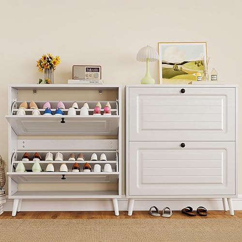 Vista 19 de Armario de zapatos para entrada, armario estrecho de almacenamiento de zapatos con 3 cajones abatibles y 2 cajones superiores, armario organizador