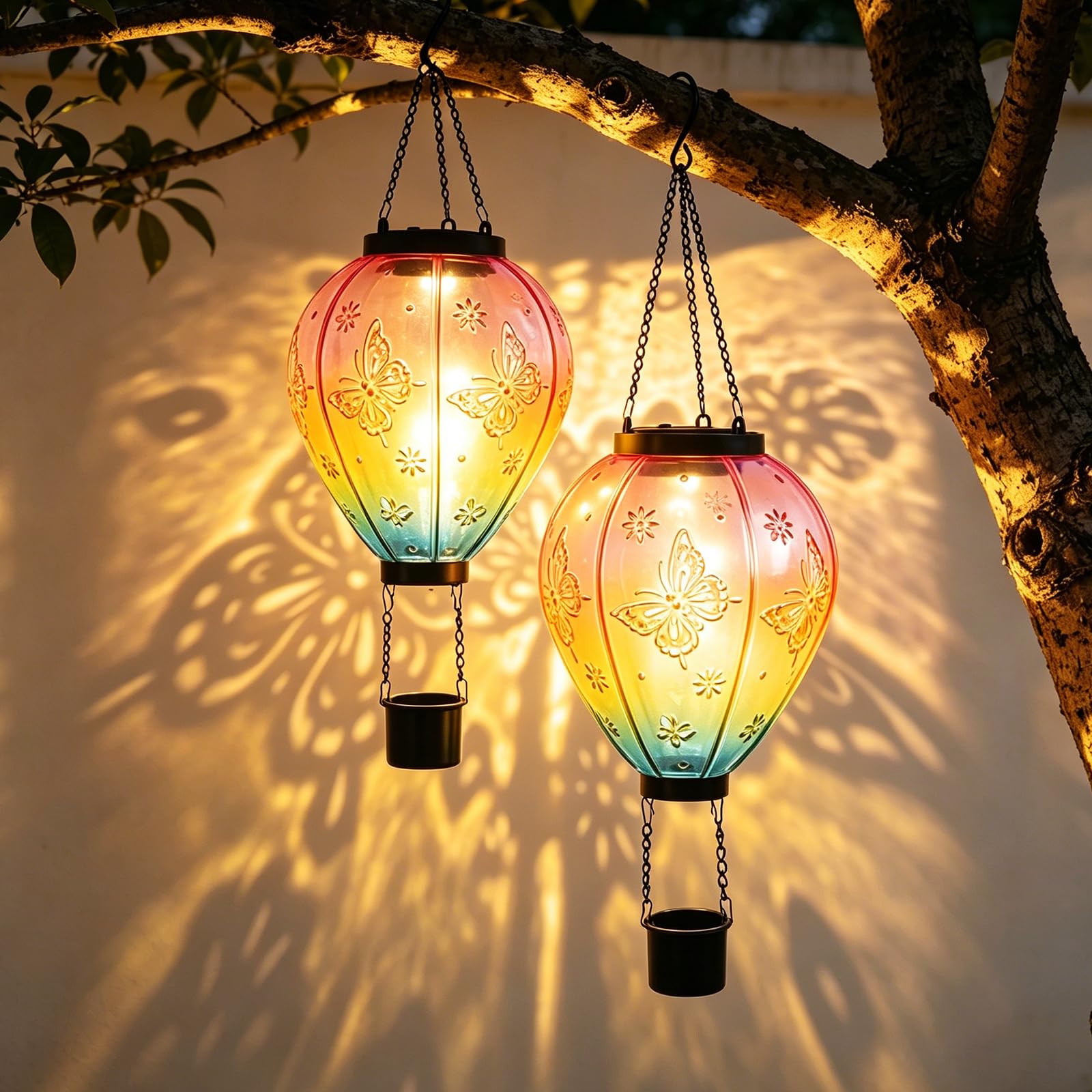 2 Pezzi Lampada Solare a Palloncino Caldo, 45x14 cm Lampada Solare per Esterni, Lampade Solari per Esterni Appendibili, Palloncino Caldo per Decorazione, Sensore di Crepuscolo, Resistente alle