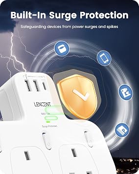 LENCENT 3 Way Plug Extension with 1 USB C and 2 USB Ports, Surge Protected