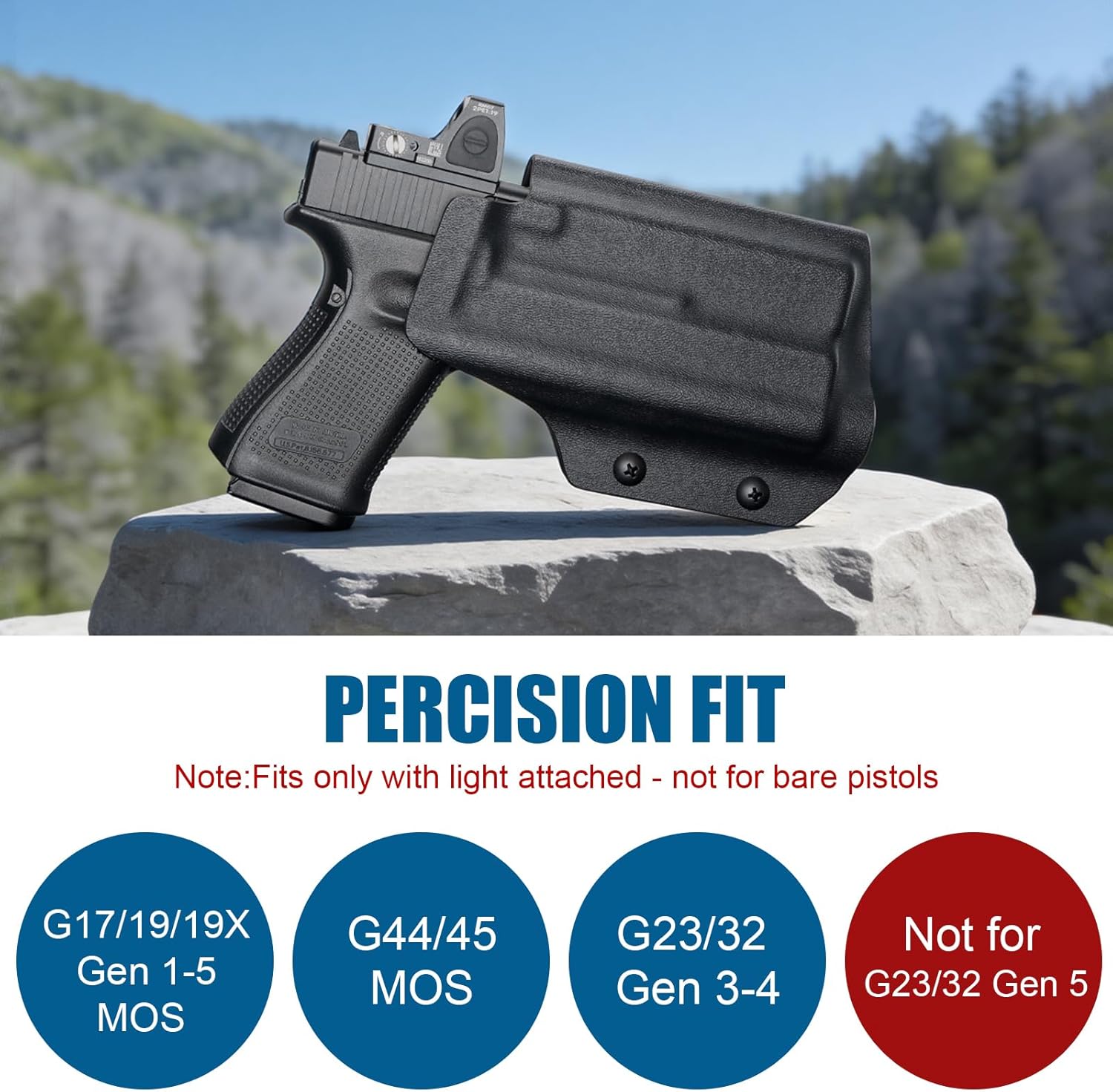OWB Kydex Holster - Compatible ONLY with Glock 17/19/ 19X / 44/45 (Gen 1-5) & Glock 22/23/ 31/32/ 34 (Gen 3-4) & MOS with TLR-1 / TLR-1 HL/TLR-1 HL-X/TLR-1 HP-X Installed, Right-Hand
