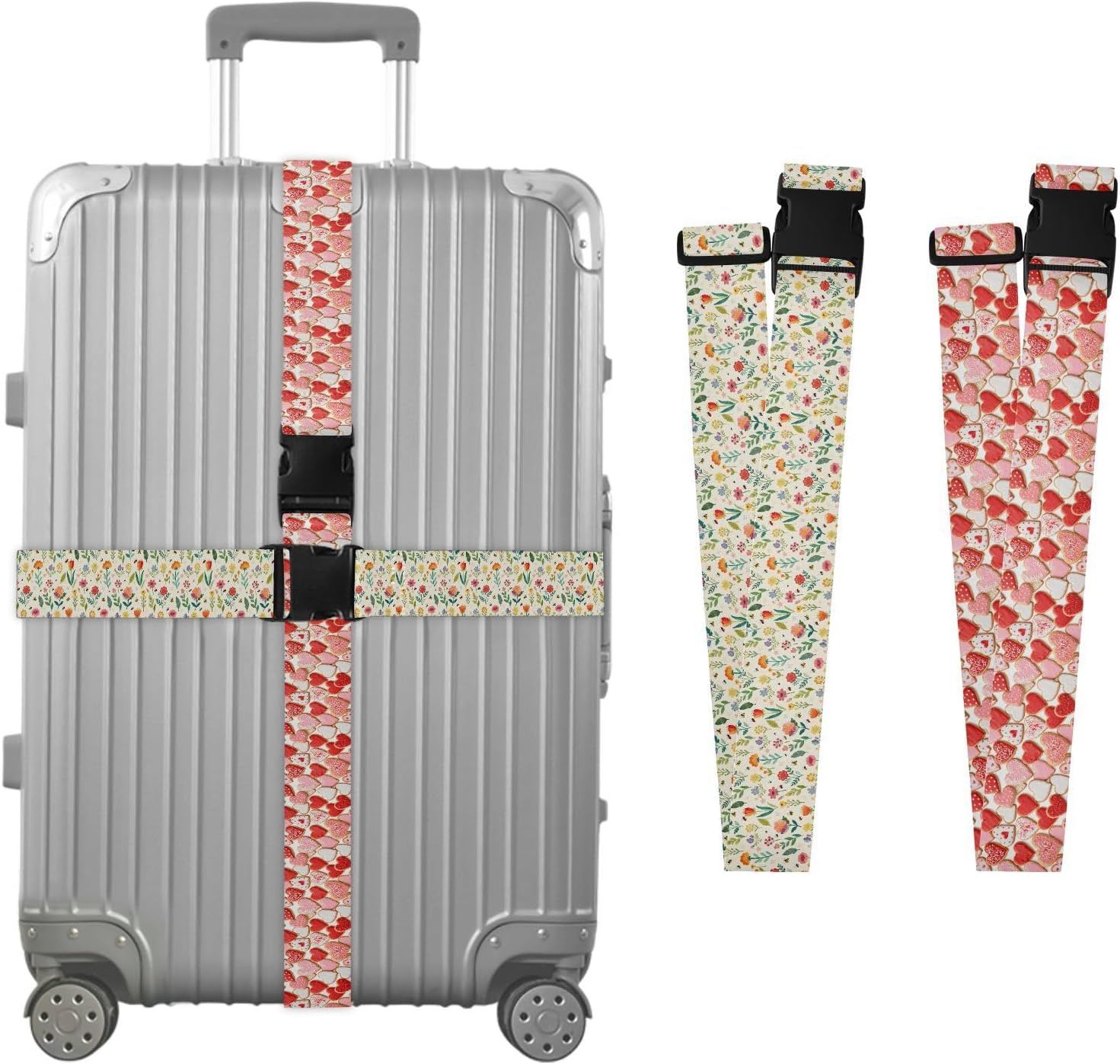 2 Pack Luggage Straps Light Background Colorful Floral & Insect Colorful Heart-Shaped Cookie Heavy Duty Adjustable Long Belts Keep Suitcase Secure for Creative Travel Accessory