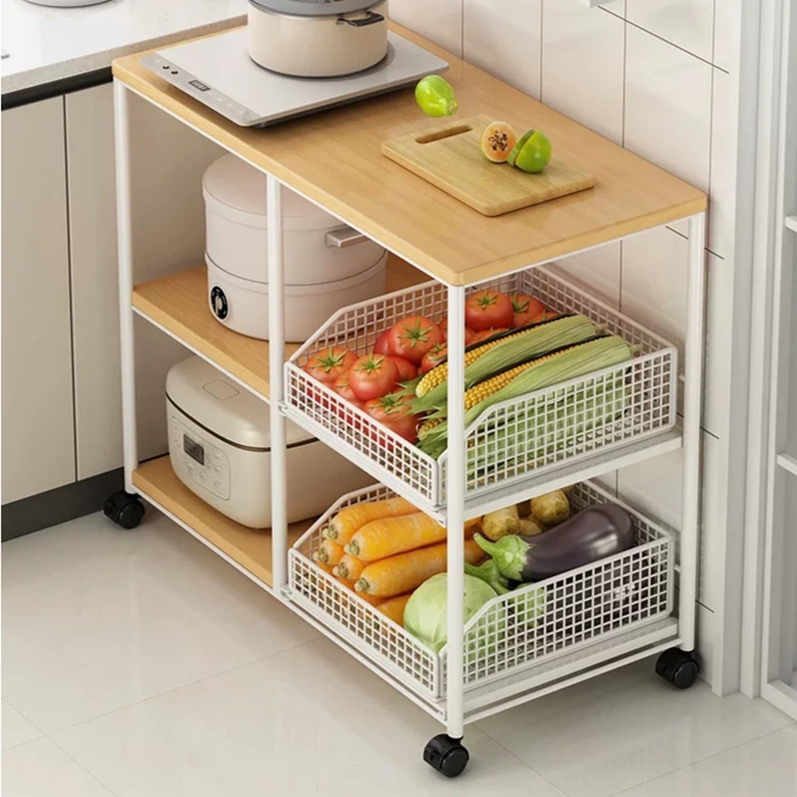 Carro rodante utilitario Carro de Almacenamiento Cocina rodante, Estante for ollas y Cesta organizadora Verduras
