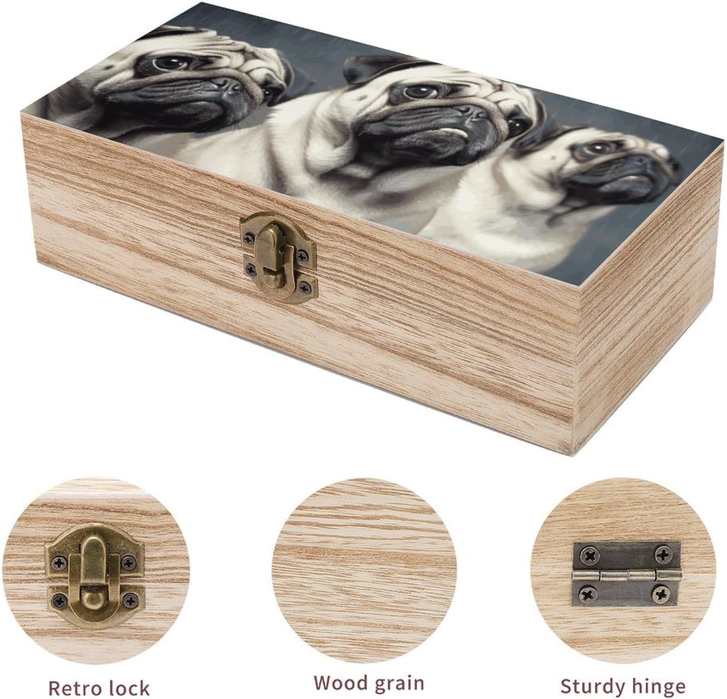 Funny Pug Dog Wooden Box Wood Storage Box with Hinged Lid Rectangular Keepsake Boxes Vintage Table Organizer Decorative Container for Gift Packaging Toys Crafts image 3