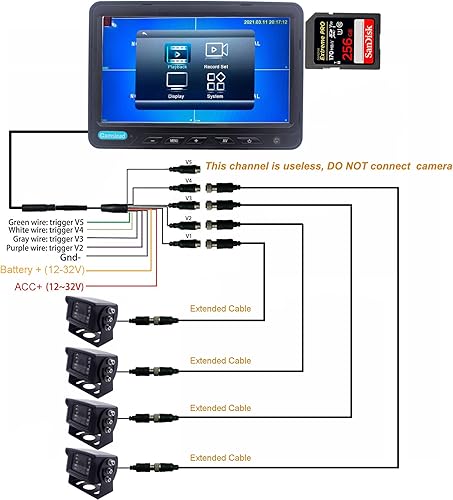 Miniatura 9 de Monitor de 7 pulgadas 1080P Sistema de cámara de visión trasera con cable, grabadora DVR, compatible con tarjeta SD de 256 GB, entrada de 4 canales,
