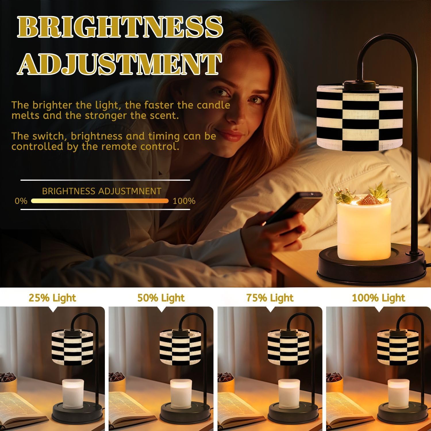 Candle Warmer Lamp with Timer Black White Against Checkered Pattern Dimmable Wax Warmer with 4 Bulbs Birthday Gifts for Jar Candles Women House Warming New Home Decor