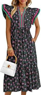 Womens Summer Floral Midi Dresses Ruffle Cap Sleeve V Neck Flowy Boho Ca...