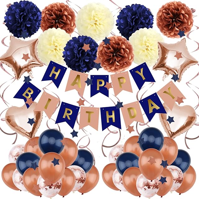ZERODECO Birthday Decorations for Women, Navy Blue Rose Gold Birthday Party Decorations Happy Birthday Banner Paper Pompoms Balloon for Boys Girls Men Women Birthday Party Decorations Supplies