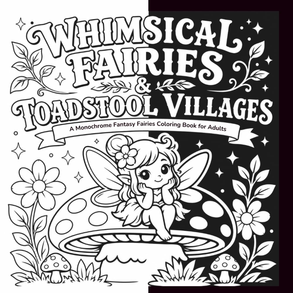 Whimsical Fairies & Toadstool Villages: A Monochrome Fantasy Fairies Coloring Book for Adults (BOLD & EASY MONOCHROME)