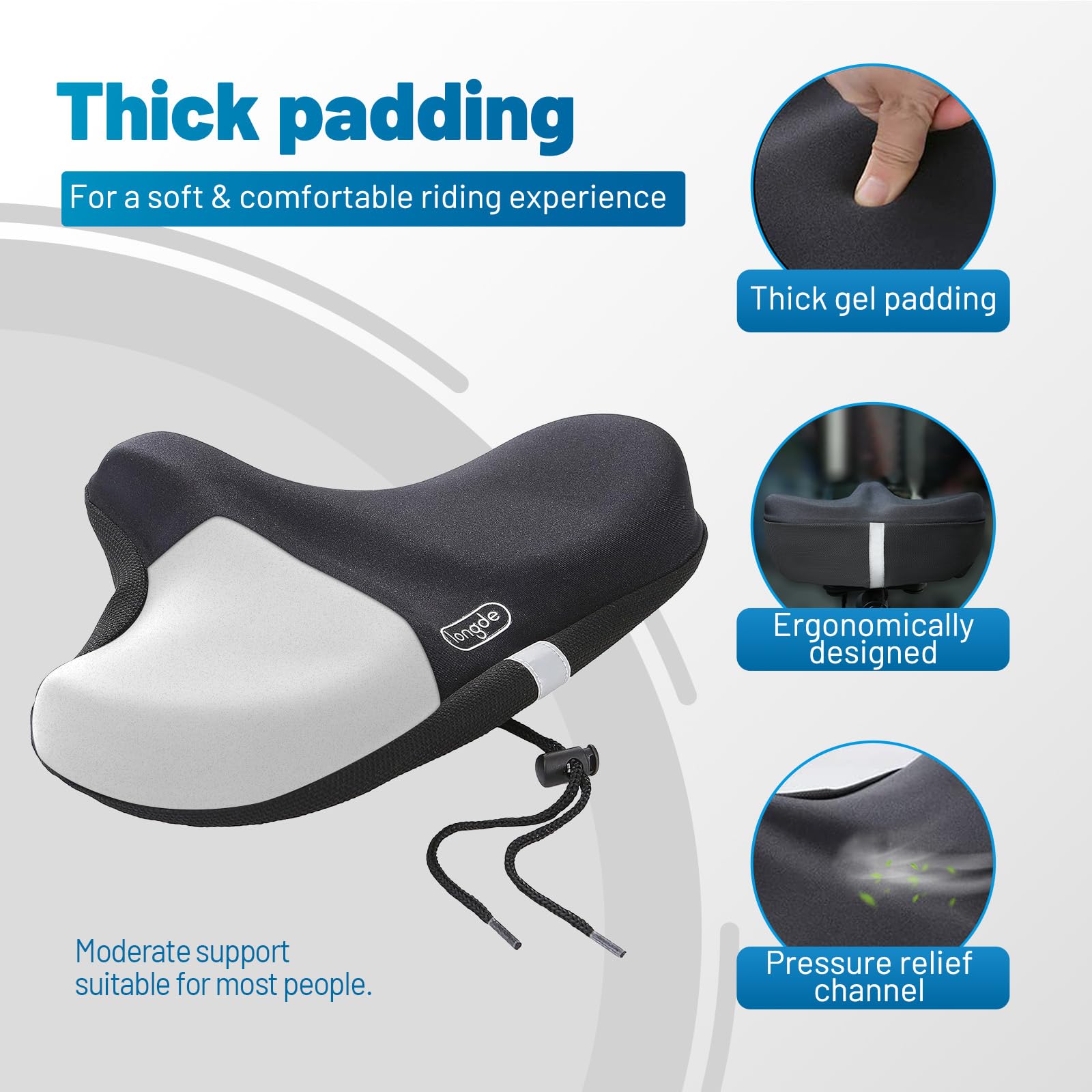 LONGDE Wide Bike Seat Cover – 13.5” x 10.5” Gel Padded Bicycle Cushion for YLG Saddle – Anti-Slip, Medium Firm Support for Indoor & Outdoor Riding