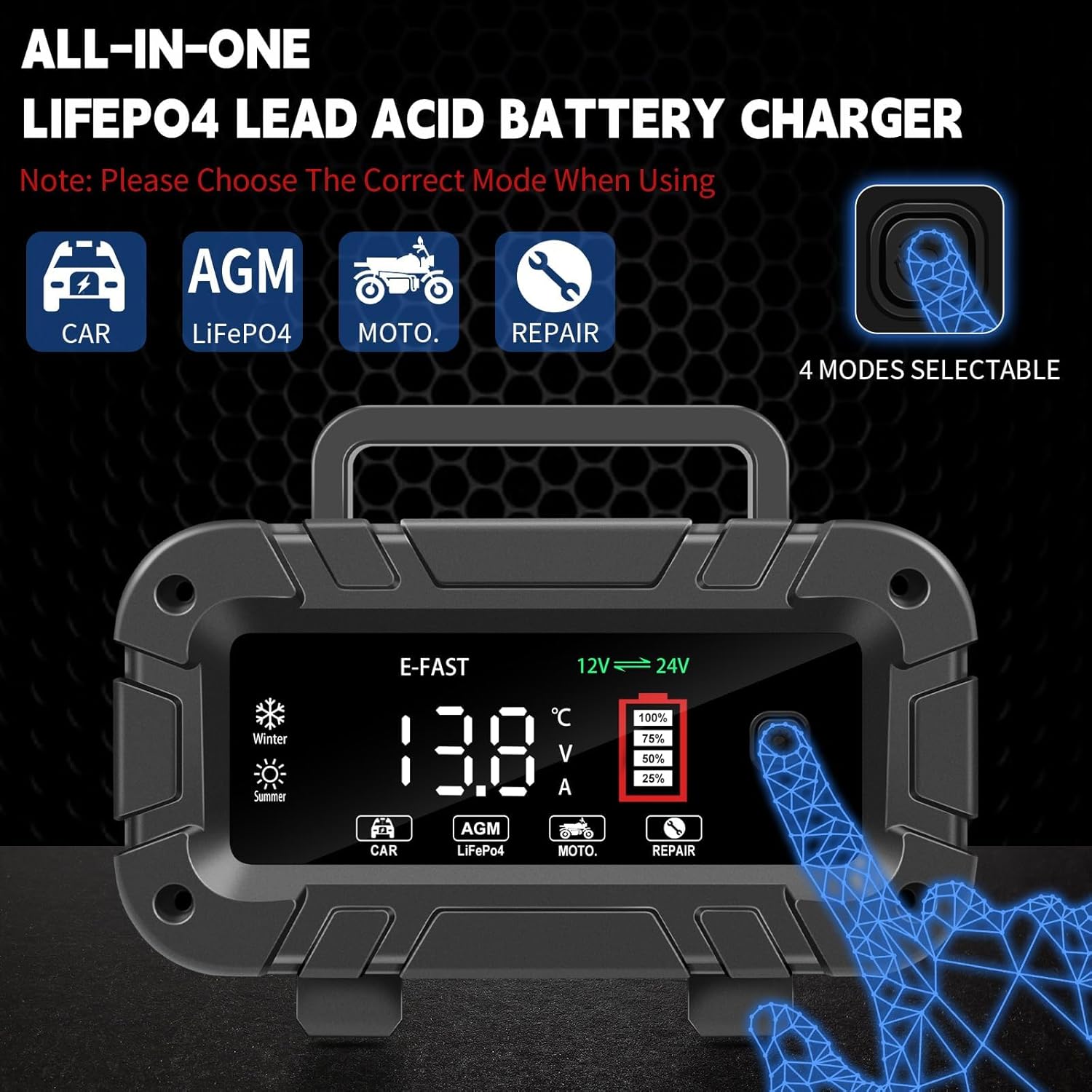 E-FAST 20A Smart Car Battery Charger, 12V 24V Maintainer & Desulfator - Compatible with LiFePO4 Lithium, AGM, Gel, SLA, Deep Cycle - High-Power Trickle Charger for Car, Truck, RV, Boat, Marine