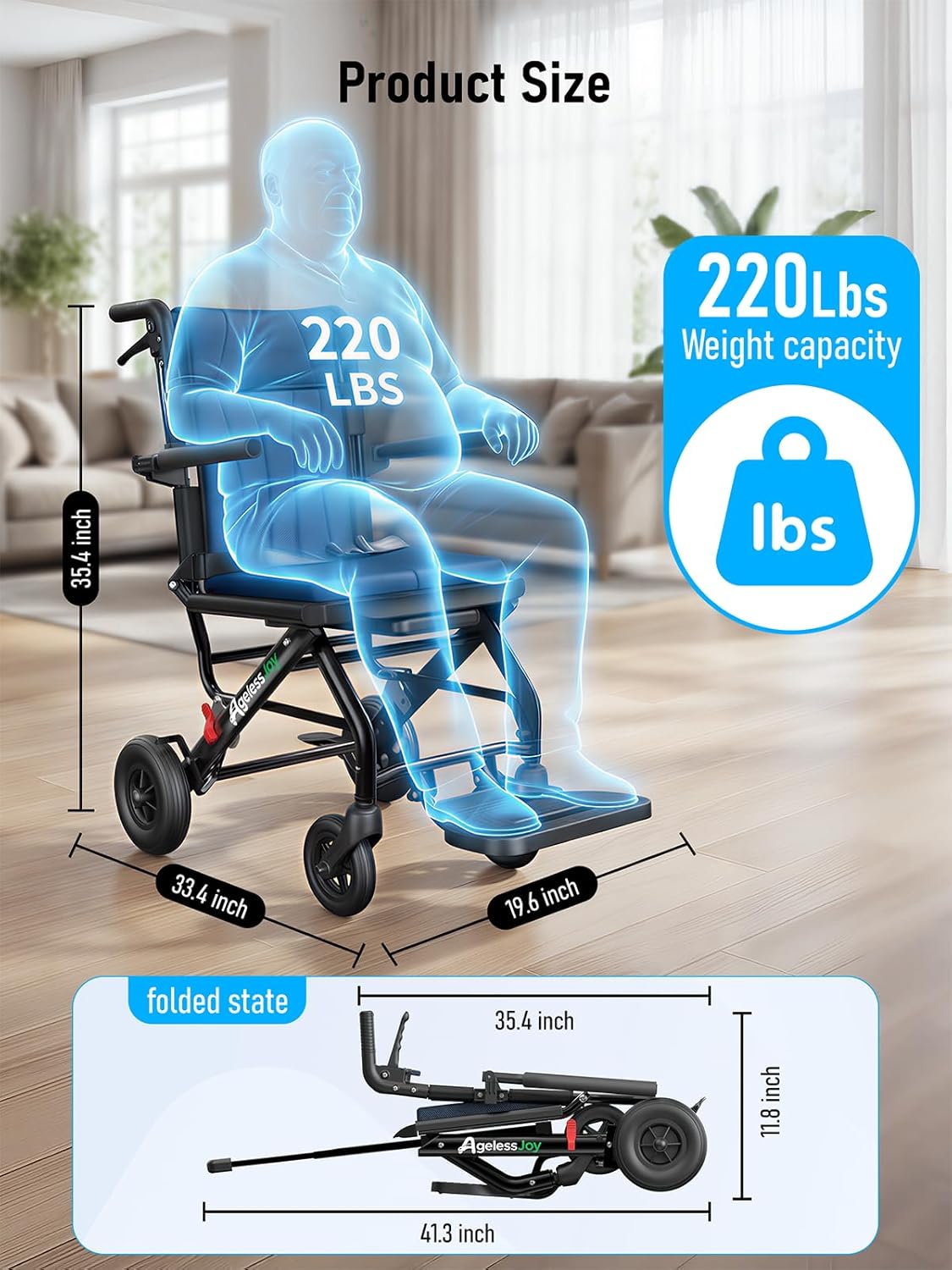 Wheelchair for Adults Transport Chair Lightweight Foldable with Telescopic Handle, 20 Lbs Compact Portable Folding Travel Wheel Chairs for Seniors(Blue)