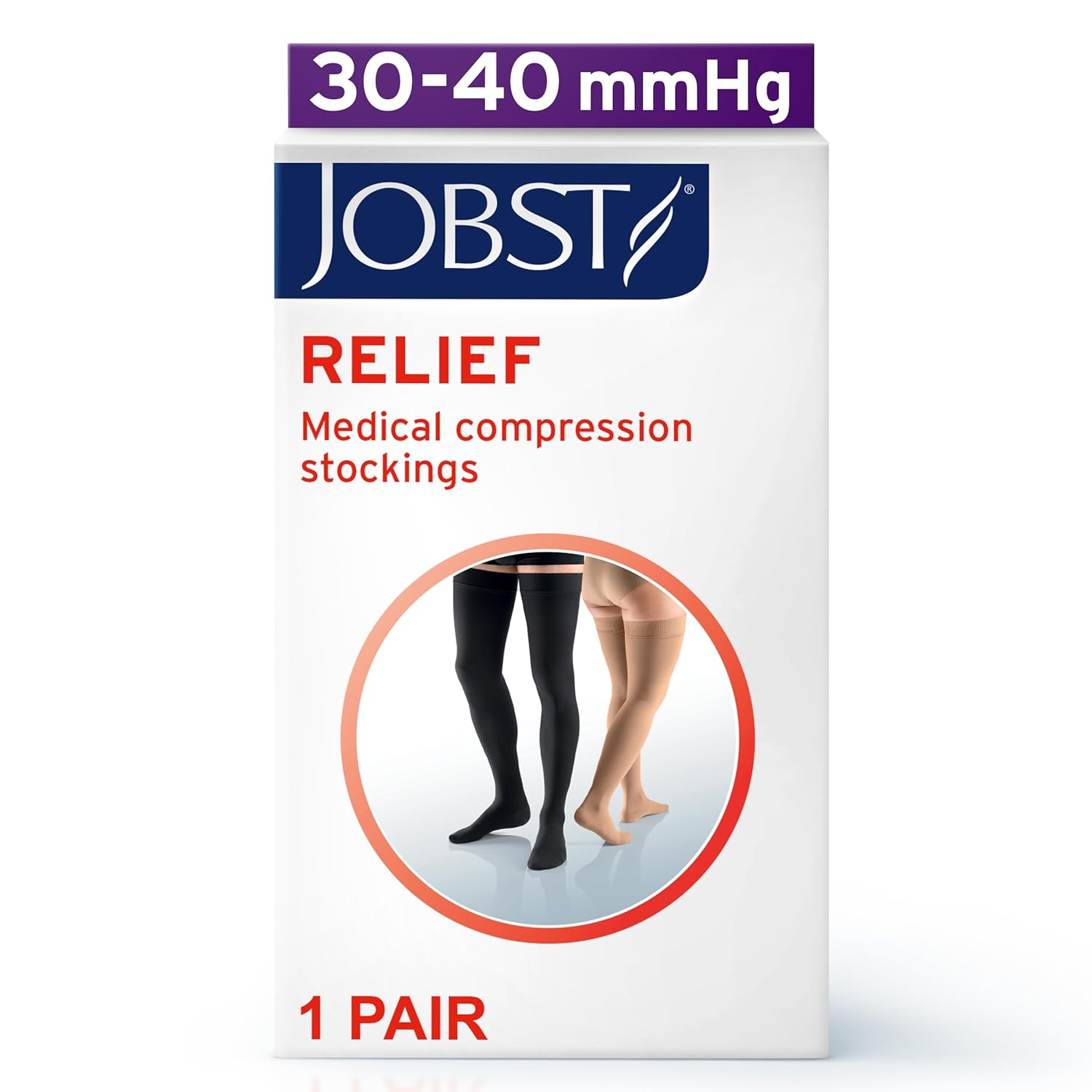JOBST Relief Thigh High Graduated Compression Stockings 30-40mmHg - Comfortable Unisex Design with Silicone Dot Band - Open Toe, Black, Medium Petite