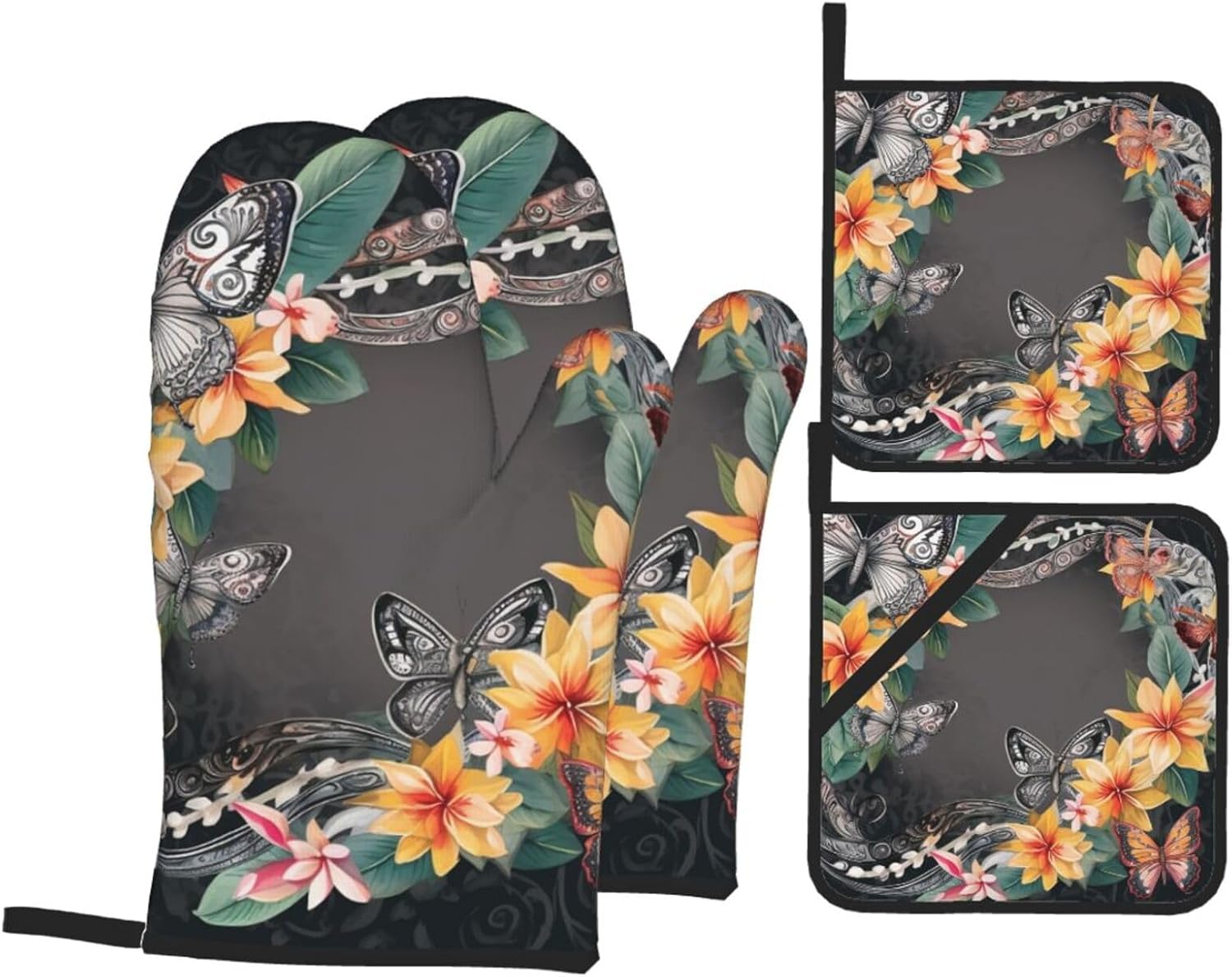 Butterflies and Garland Images Oven Mitts and Pot Holders Sets of 4 Heat Resistant Kitchen Oven Mitts with Hot Pads Non-Slip Oven Gloves Washable Potholders for Cooking BBQ Baking Grilling