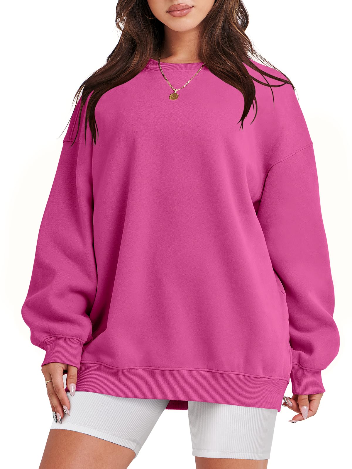 Damskie bluzy oversize bluzy z kapturem polar okrągły dekolt sweter top codzienne jesienne stroje preppy ubrania nastolatki 2024 A1019 światło, Jeden kolor, Light Pink_X-Small