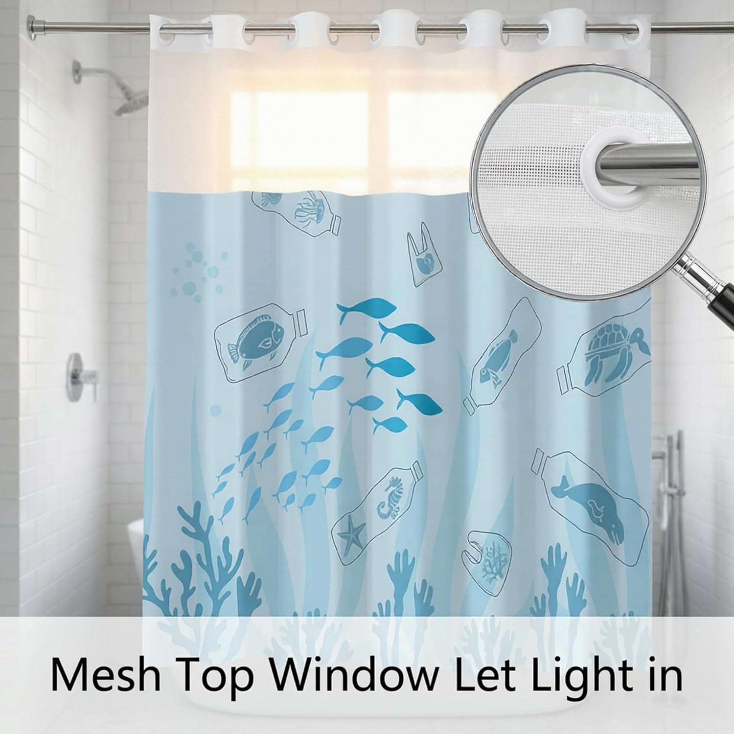 Hookless Nautical Ocean Fishes Shower Curtain with Snap in Set,Coastal Ocean Shower Curtain,Hotel Quality Bathroom Decor, with See Through Mesh Top Window,71'' X 74''