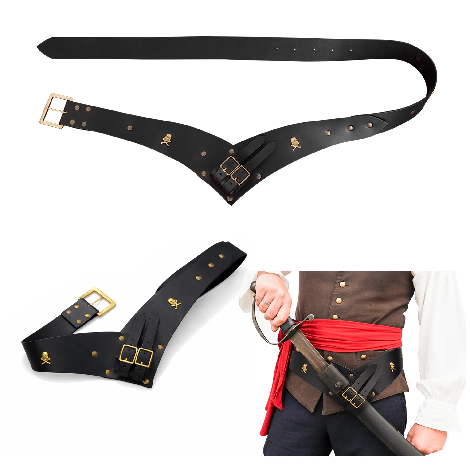 Lord Of Battles Unisex Pirate Belt - Black Pirate Leather Belt With Sword Hanger Baldric Sword Hanging Belt Handcrafted From Genuine Buff Leather, 187.5 Cm