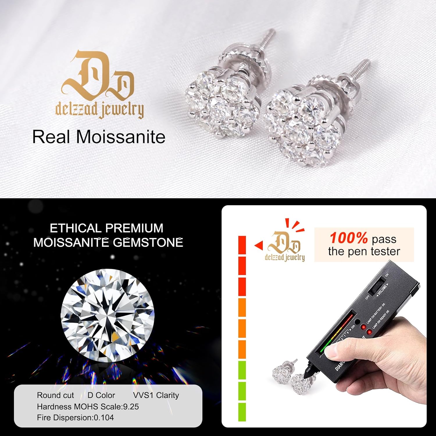 Moissanite Earrings for Men, Sterling Silver S925 Flower Cluster Stud Earrings Screw Back Earrings for Women, 7-Stone Design - Image 4