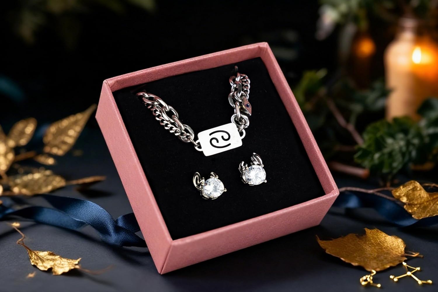 Aries Gifts for Women - Crystal Stone Rose Scented Candle with Zodiac Bracelet and Earrings - Zodiac Gift Set for Her Birthday, Astrology Lover, Christmas