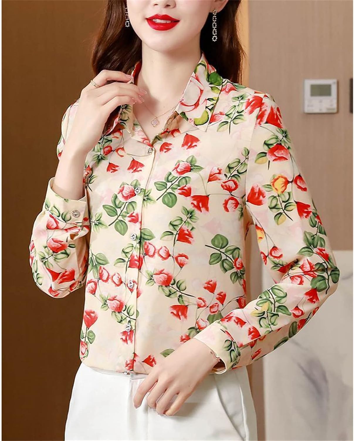 Andongnywell Women's Button Down Floral Shirt Blouse Long Sleeve Point Collar Top Plus Size Fashion Printed Button Shirt