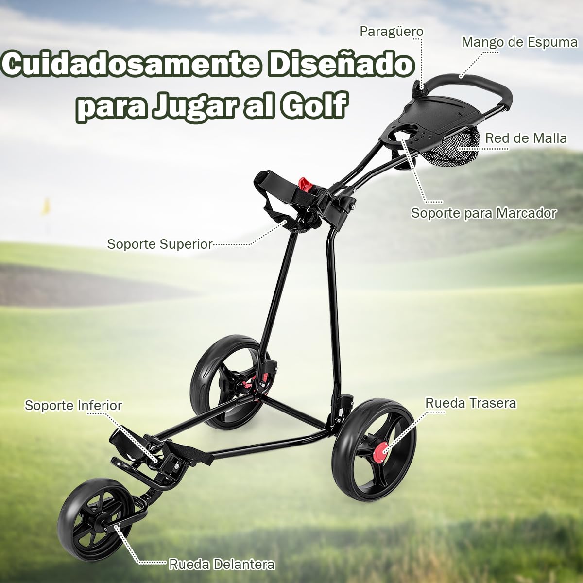 GYMAX Carro de Golf Plegable, 3 Ruedas, Red de Malla, Soporte Paraguas, Hierro, Negro