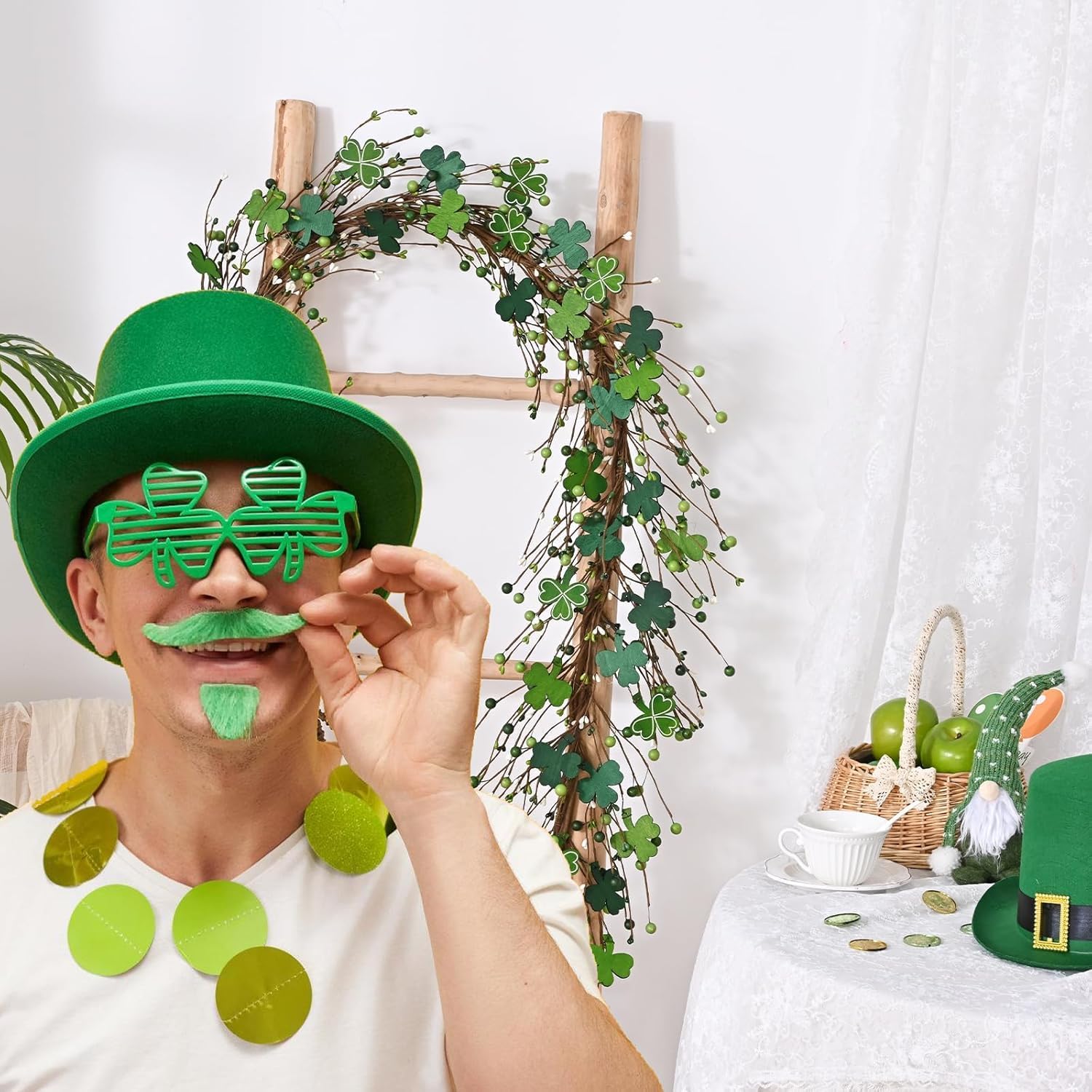 2 Pcs 6 Ft St Patrick's Day Garland with Light, Lighted Shamrock Garlands, Green Colored Wooden Shamrock and Berry Clover for St Patrick's Day Decor