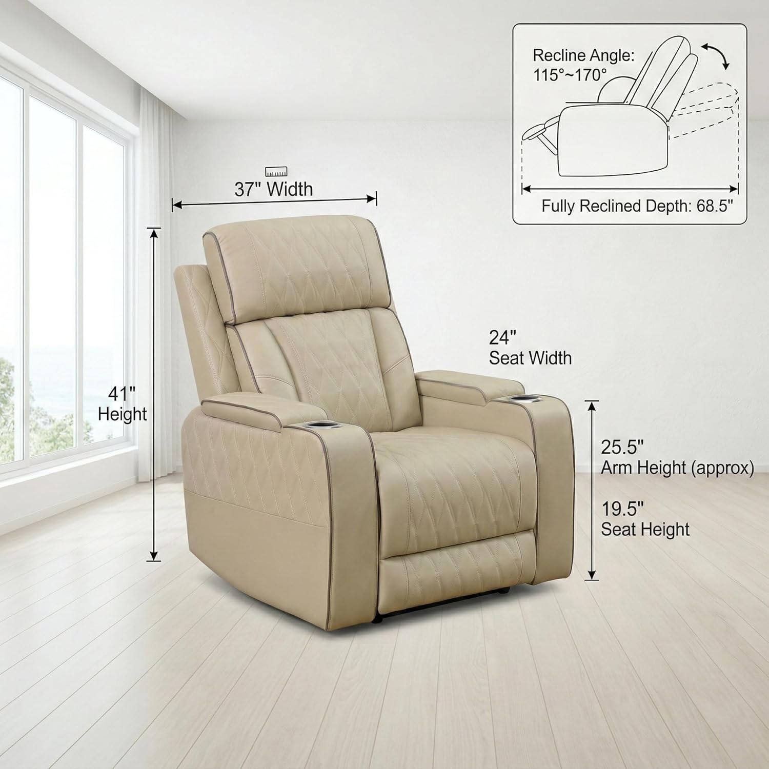 1Piece Power Recliner Loveseat Sofa,Luxury Home Theater Seating Couch,USB Ports,Cup Holder,Center Console with Flip Table,Premium Faux Leather for Living Room & Media Rooms Beige