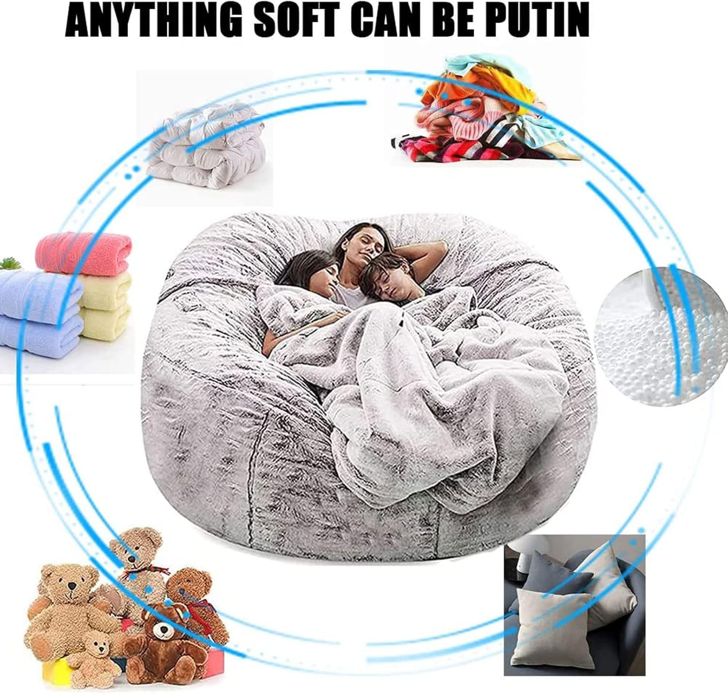 Pokrowiec Na Sofę Z Gigantyczną Torbą Fasoli, Queen Size, Szary, Miękki I Wygodny Puszysty Sztuczny Futro, Zmywalny, Do Użytku W Pomieszczeniach, Rodzina, Dzieci, Dorośli, Grey, King