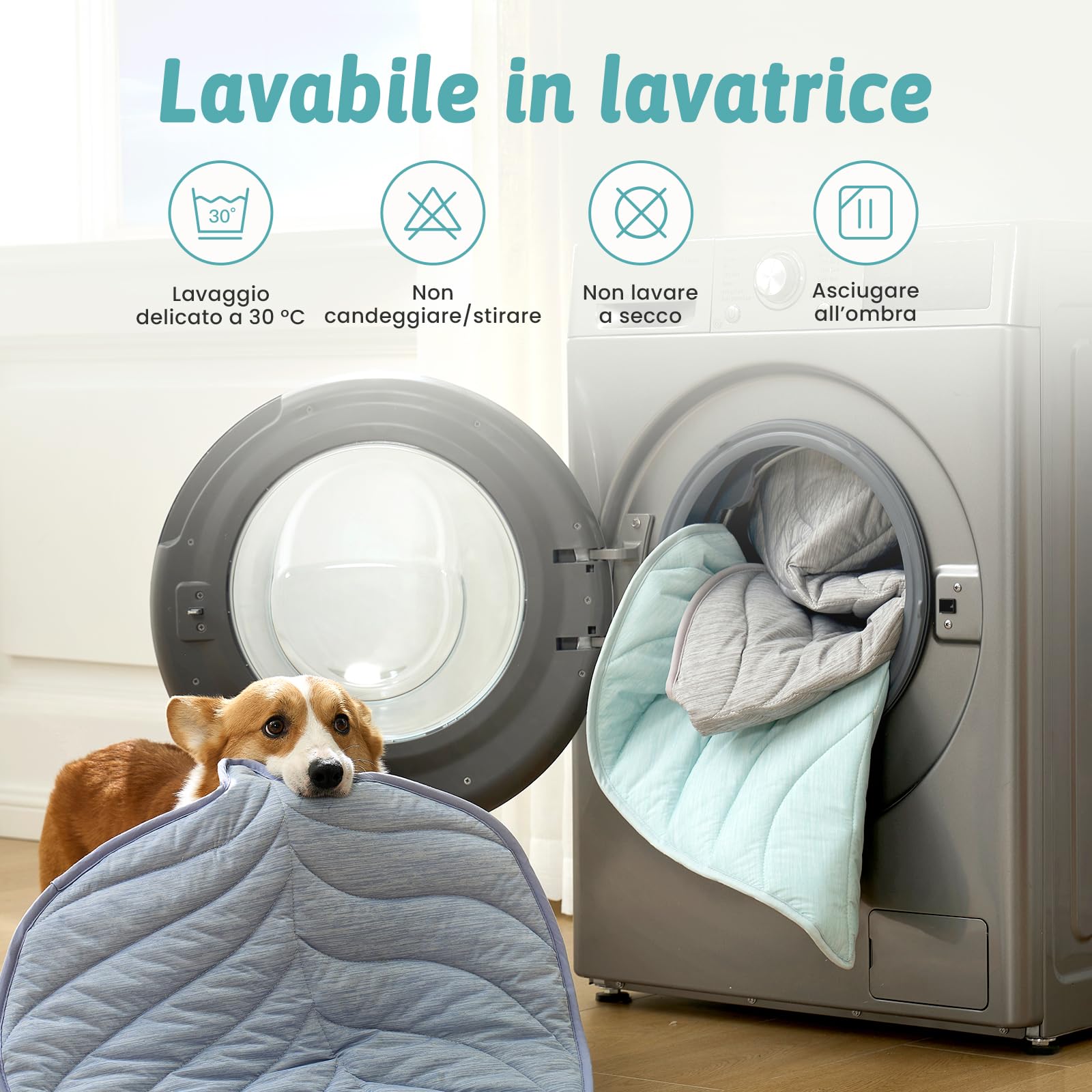 COZY KISS Tappetino Refrigerante per Cani e Gatti 86x99cm – Q-Max>0.4, Tappeto Rinfrescante Estate, Cuccia Refrigerante Lavabile, Cuscino Raffreddamento per Caldo, a Forma di Foglia, Blu