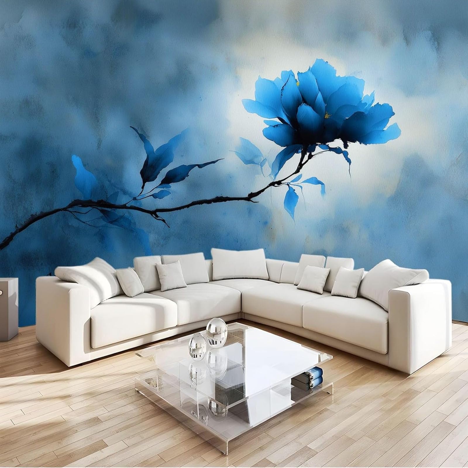 hgjdjhnf Chinese Style Floral Wallpaper, Photo Wallpaper, Wall Decor, Wall Mural, Decoration for Study, Living Room, Restaurant, Cafe, Blue, 430cm x 300cm