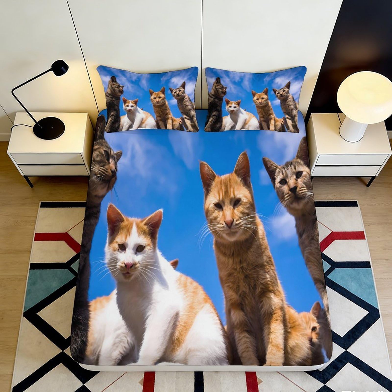 3D Printed Cat Sky Fitted Sheet Microfiber Non-Slip Bed Cover Orange Tabby Mattress Cover for Bedroom Dorm Decor 120x200x25cm