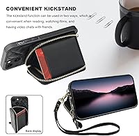 Vista 5 de Bocasal Funda tipo cartera cruzada para iPhone 13, con bloqueo RFID, de piel sintética, con cremallera, funda tipo cartera con función atril