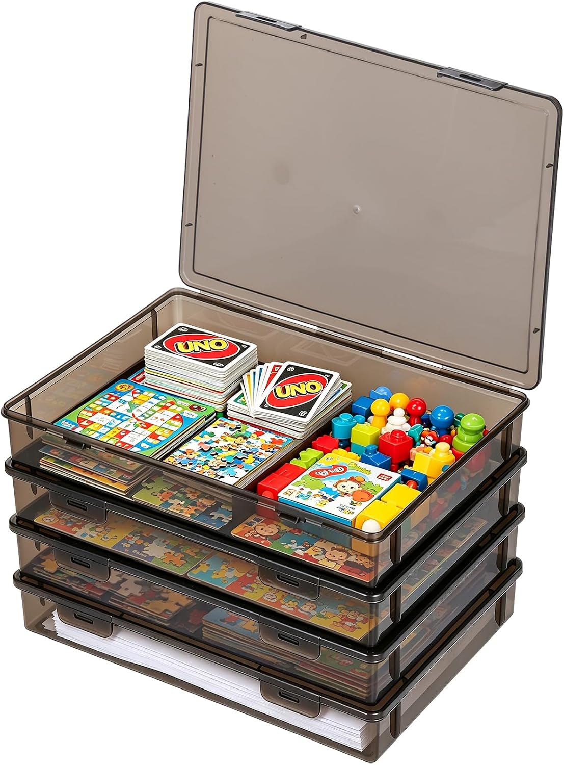 FMOACEN 4 Pcs Board Game Storage Stackable Organizer Box with Snap Latch Lid Plastic Container Case for Board Games Puzzles A4 Paper Art Craft Supplies and Magazines (Black)