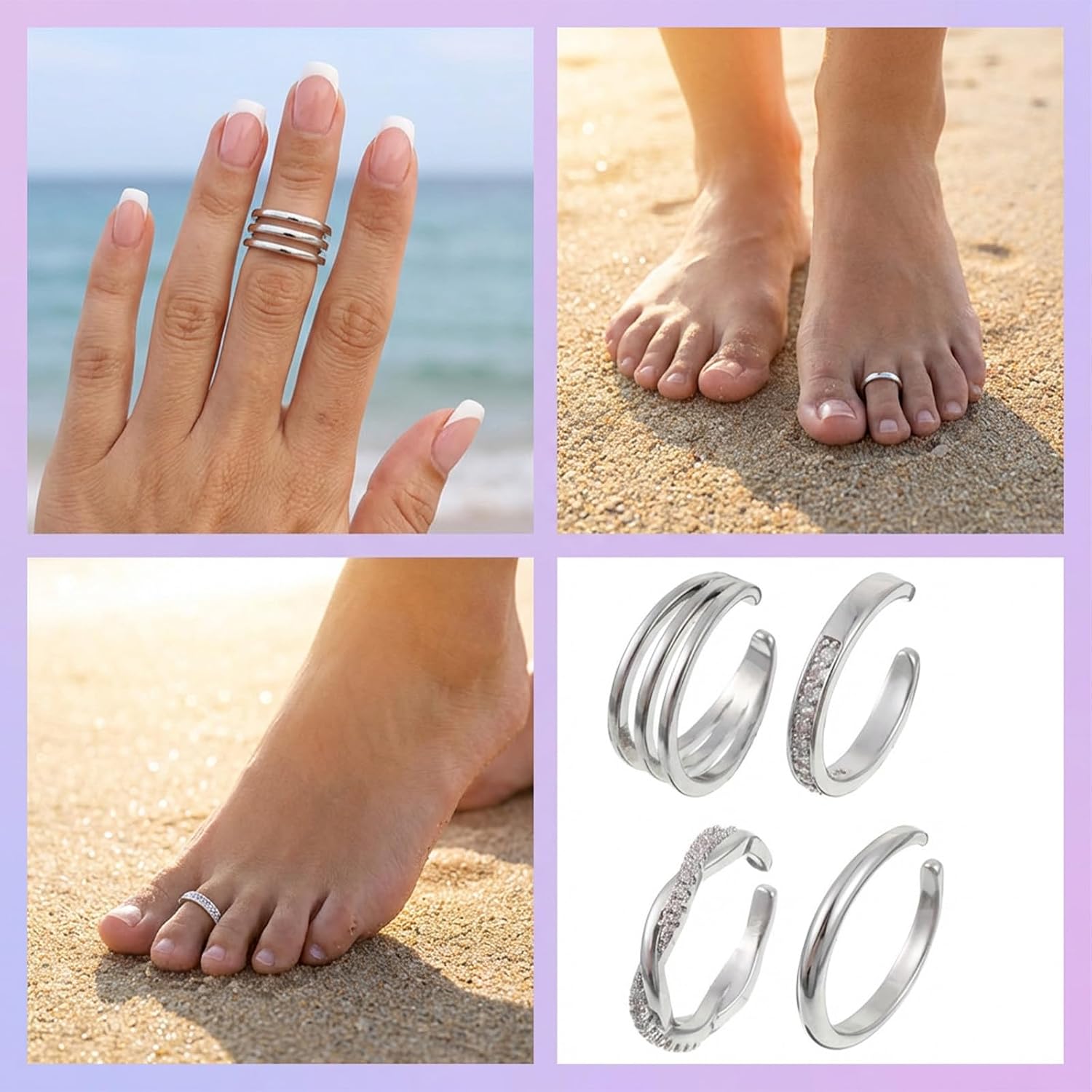 ElevateTech Toe Rings for Women, 4 Pcs 14K Gold Filled Open Toe Ring Adjustable Hug CZ Triple Twist Simple Open Band Rings Set Trendy Beach Foot Jewelry, Silver