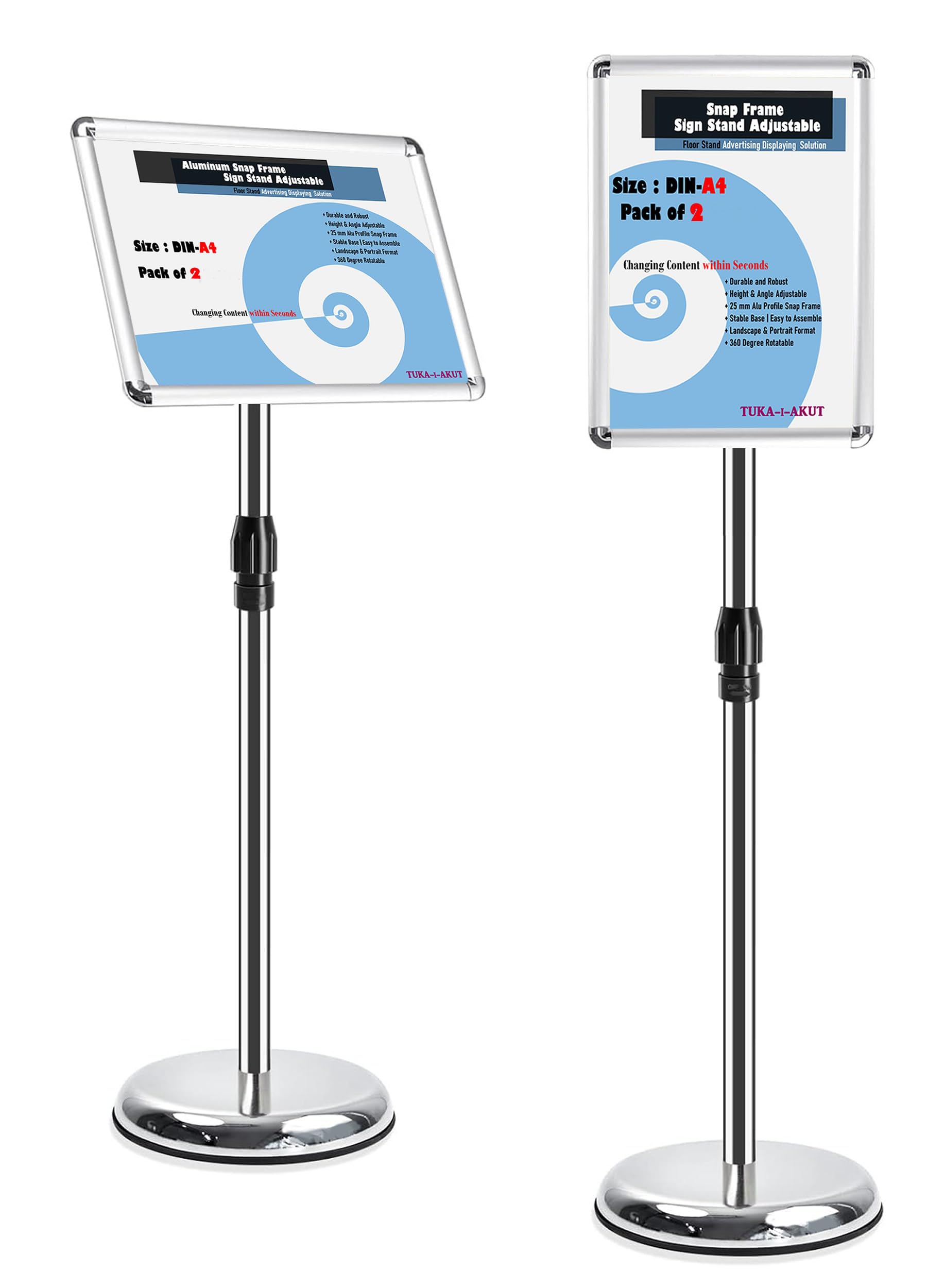 TUKA-i-AKUT 2X A4 Espositore Informativo da Pavimento, Regolabile in Altezza, Supporto per Pubblicitario Presentazioni Poster Cartelli Annunci, Portaposter Cornice Pieghevole, Argento TKD8423-2X