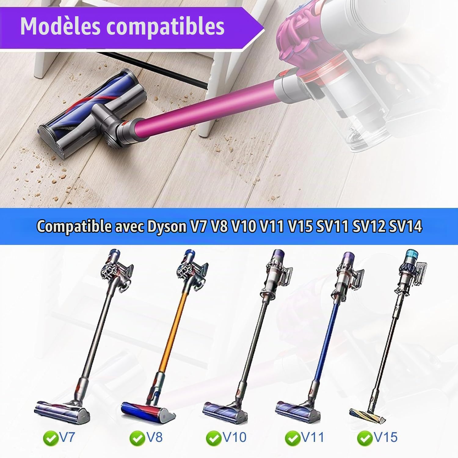 Brosse pour Dyson V7 V8 V10 V11 V15 Motorhead, Tête de Brosse Turbine Rotative de Rechange pour Aspirateur SV10 SV11 SV12 SV14 SV17, Brosse Motorisée pour Tapis et Sols Durs Pièce de